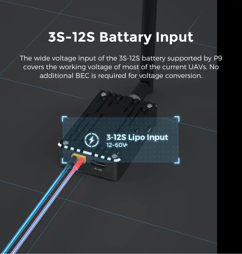 CUAV P9 P900 Radio Telemetry, the wide voltage input of the 3S-12S battery supported by p9 covers the working
