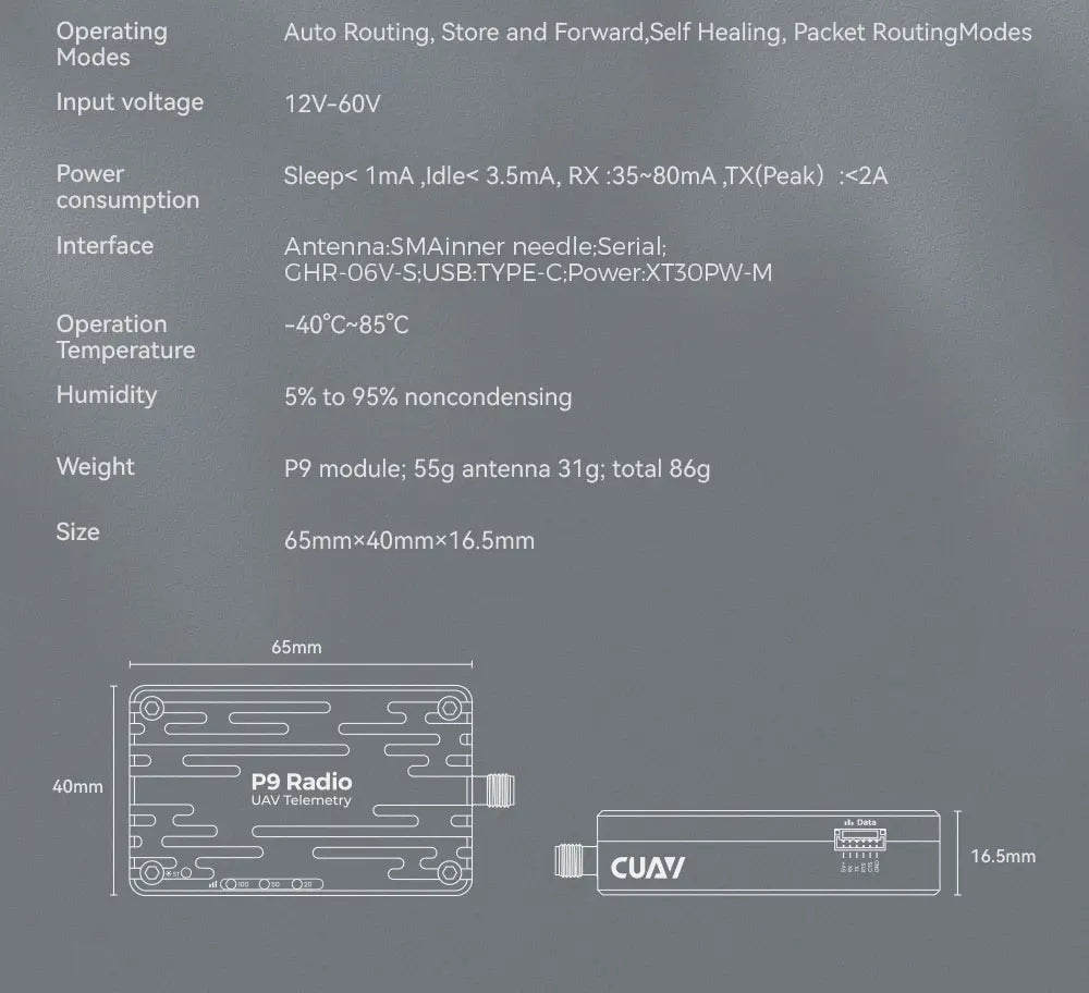 CUAV P9 P900 Radio Telemetry, P9 module; 55g antenna total Size 65mmxlOmmx16.S