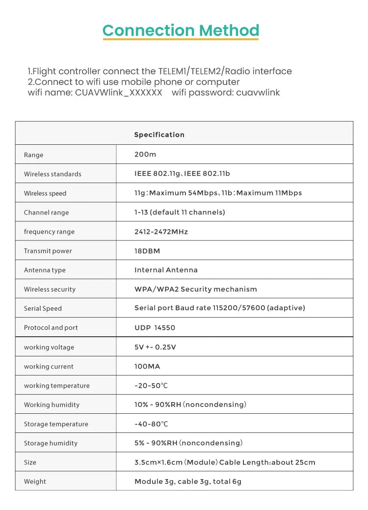 CUAV PW-LINK Wifi Telemetry, wifi password: cuavwlink Specification Range 200m Wireless standards IEEE I1g