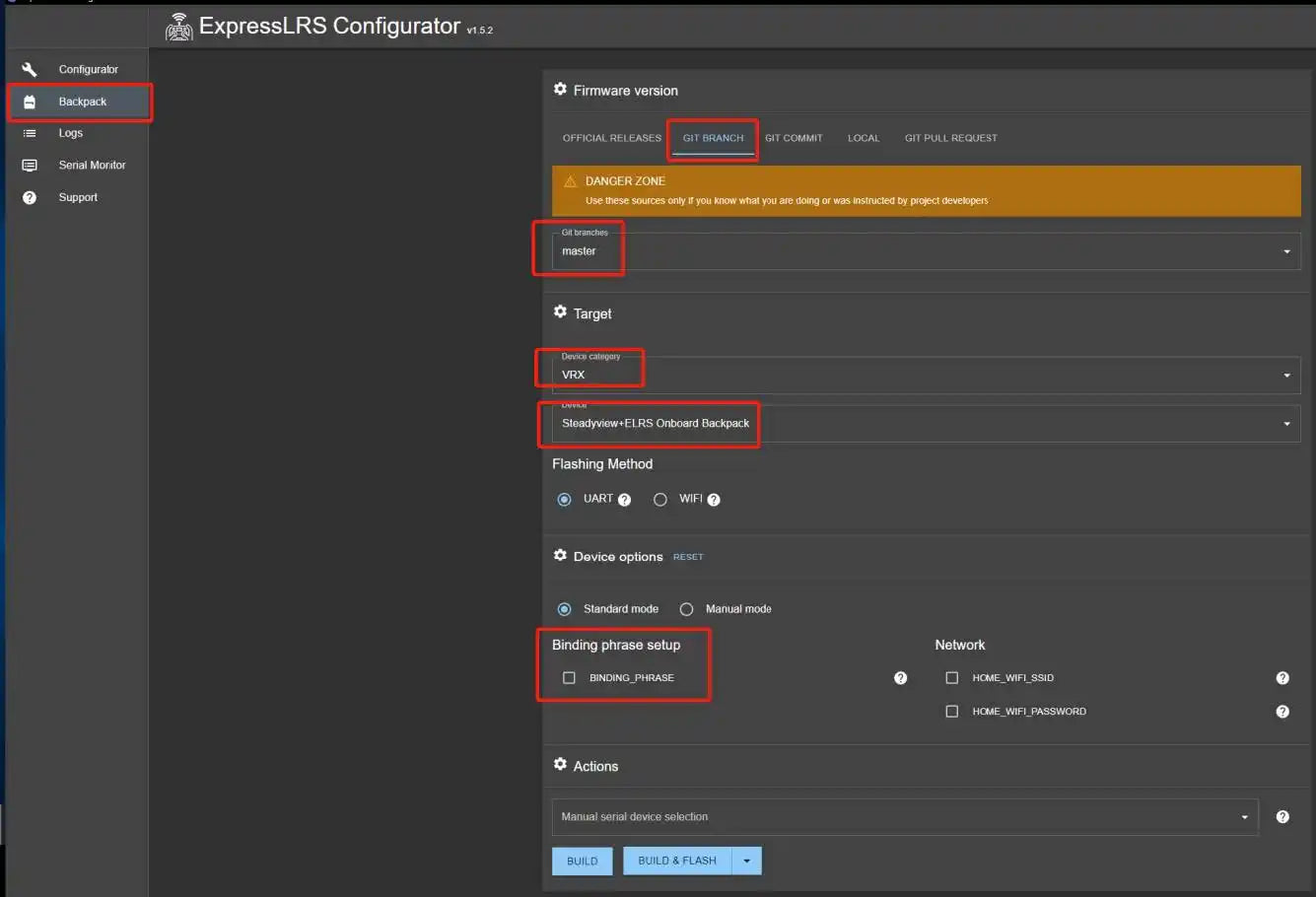 ExpressLRS Configurator Wsu Configuralor 0 Firmware version Backpack Log