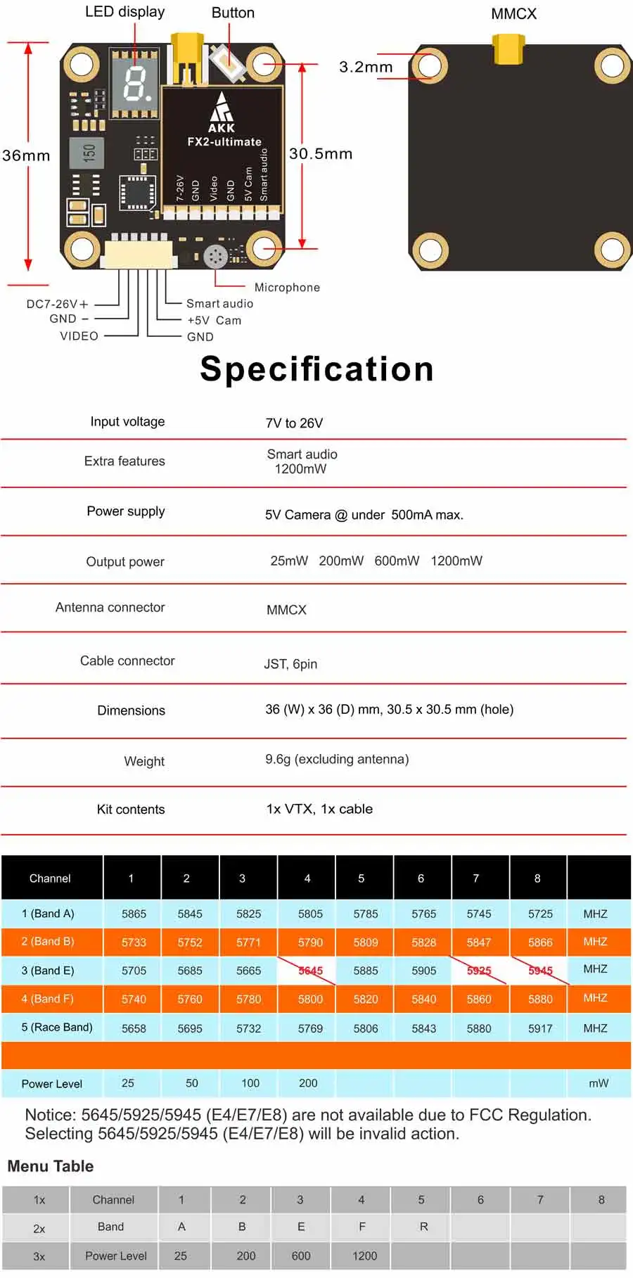 AKK FX2-ultimate/FX2 5.8 جيجا هرتز VTX - 25 ميجاوات/200 ميجاوات/600 ميجاوات/1200 ميجاوات يدعم OSD تكوين نسخة مطورة طويلة المدى 20