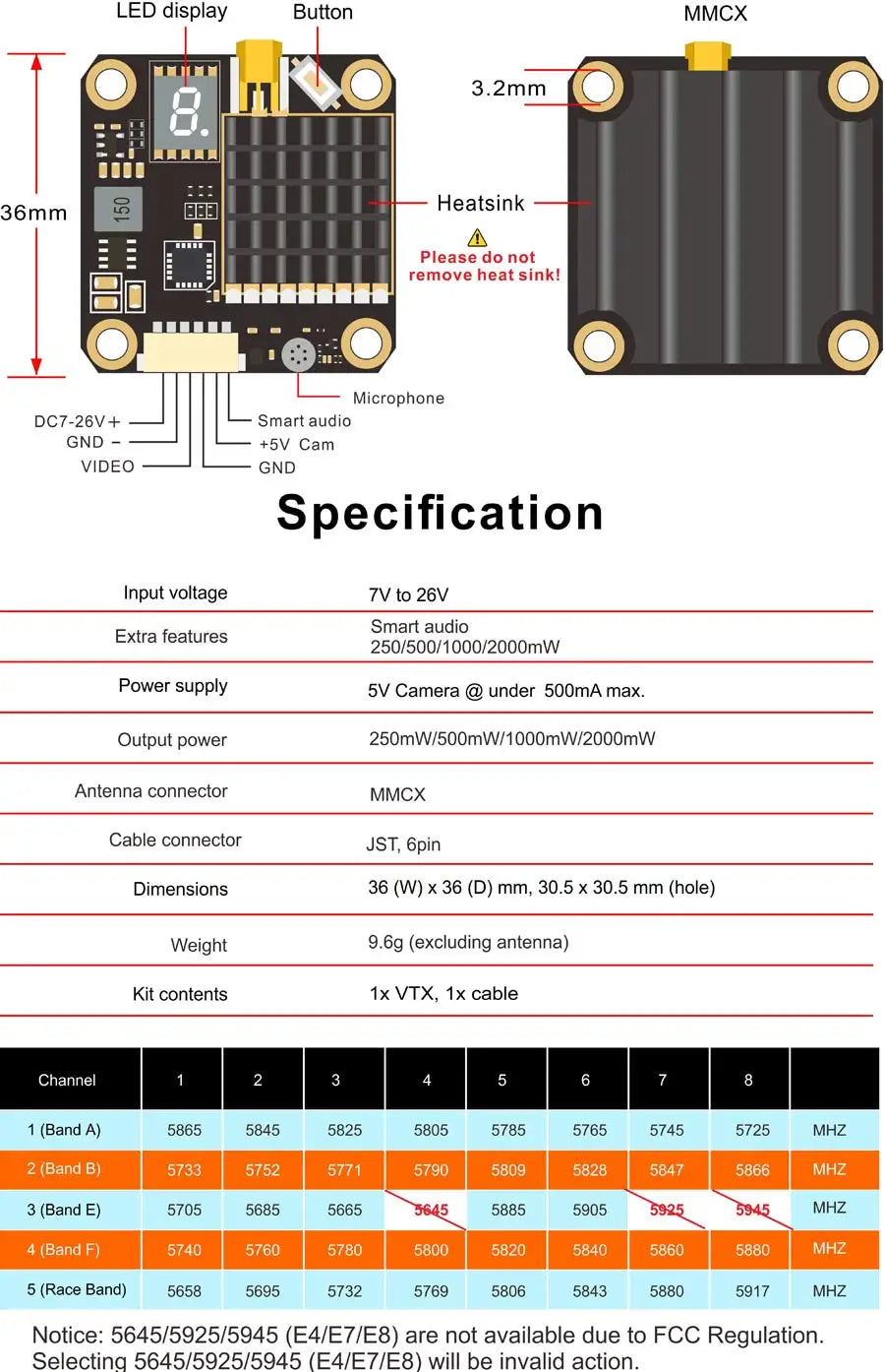 AKK FX2-Dominator VTX, LED display Button MMCX 3.2mm 36mm 8 Heatsink Please do not