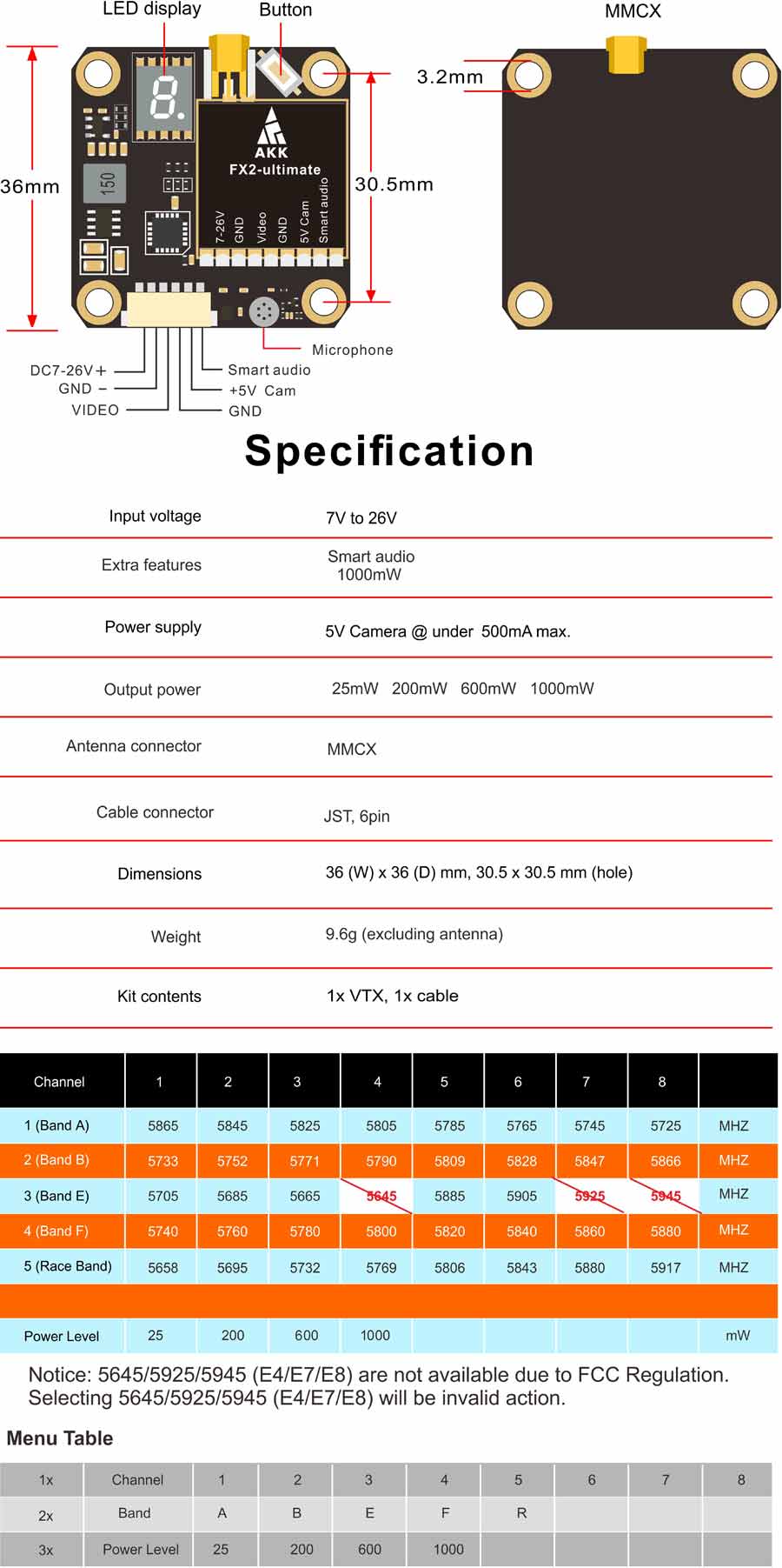AKK FX2-ultimate VTX, microphone DC7-26V + Smart audio GND +5V Cam VIDEO