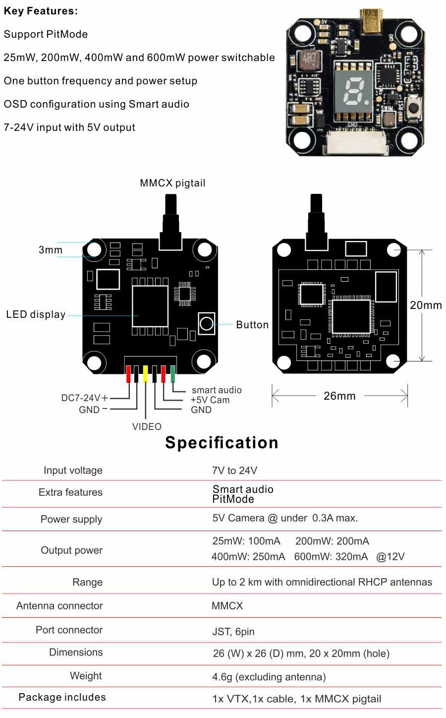 AKK FX3 FPV VTX, smaoau audio Power supply SV Camera under 0.3A max; 25