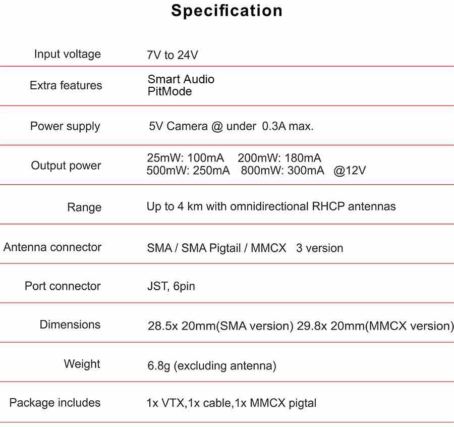 AKK X2 FPV VTX - 5.8Ghz 37CH 25mW/200mW/500mW/800mW جهاز إرسال فيديو FPV قابل للتحويل يعمل مع Betaflight OSD FC 9 AKK X2 FPV VTX, Specification Input voltage 7V to 24V Smart Audio Extra features PitMode Power supply