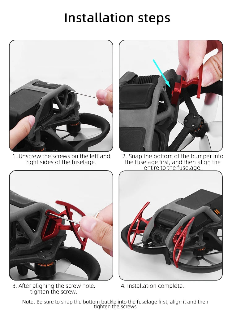 Gimbal Camera Anti-collision Bar for DJI Avata Combo Drone, installation steps Unscrew the screws on the left and 2 . Snap the bottom buckle