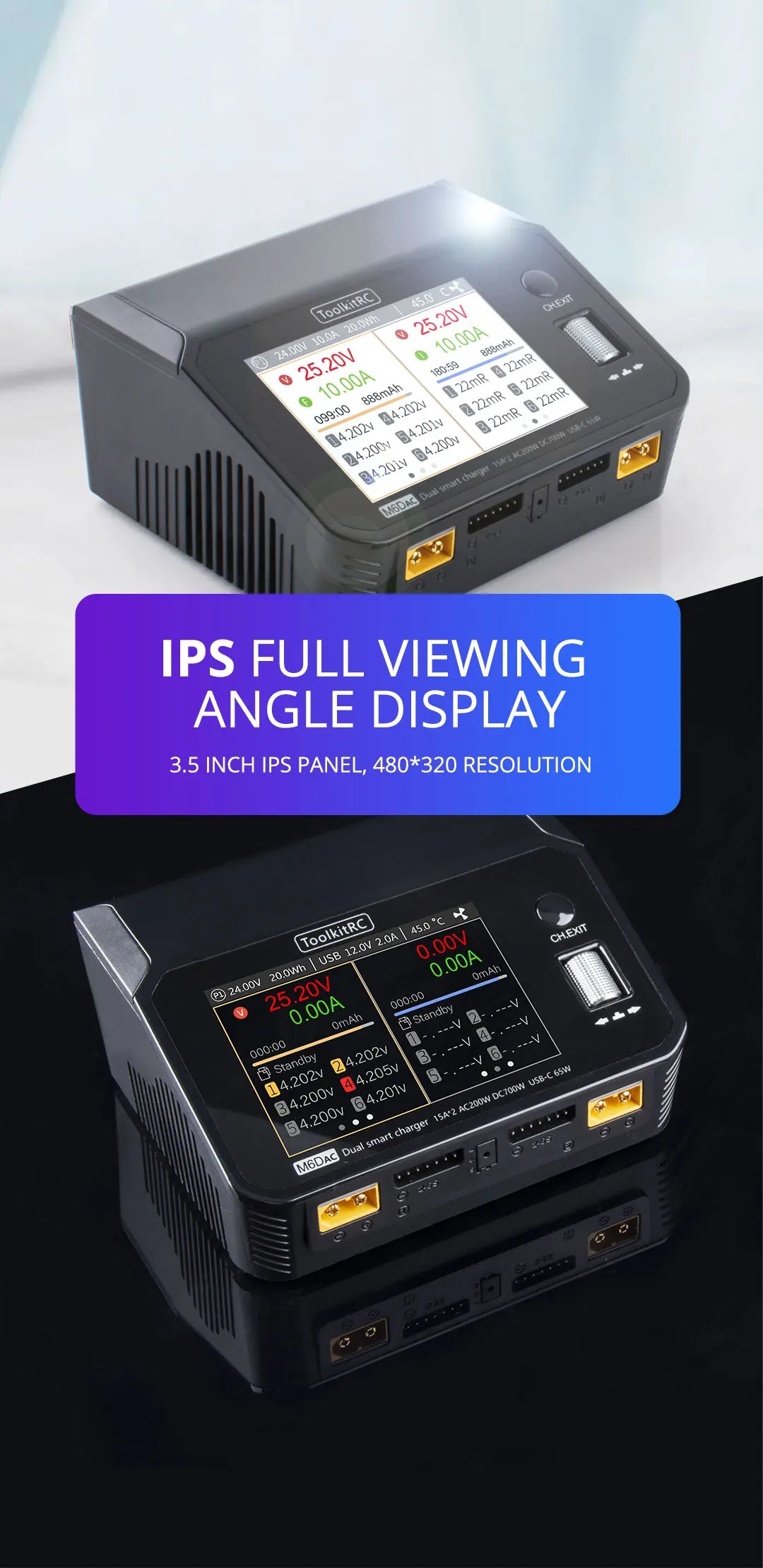 ToolkitRC M6DAC Charger, IPS FULL VIEWING ANGLE DISPLAY 3.5 INCH IPS