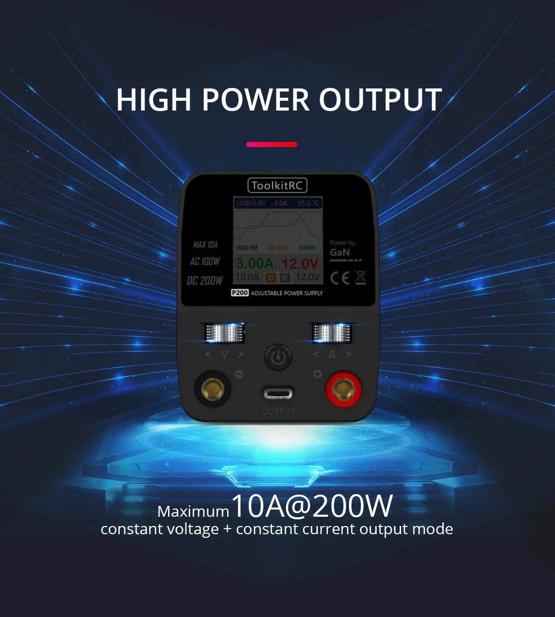 ToolkitRC P200 Mini 30V AC100W DC200W 10A GaN Adjustable Mini Desktop Power Supply USB Output ToolkitRC P200 Power Supply, HIGH POWER OUTPUT ToolkitRC USBTZ OV 2.QA 55.2"