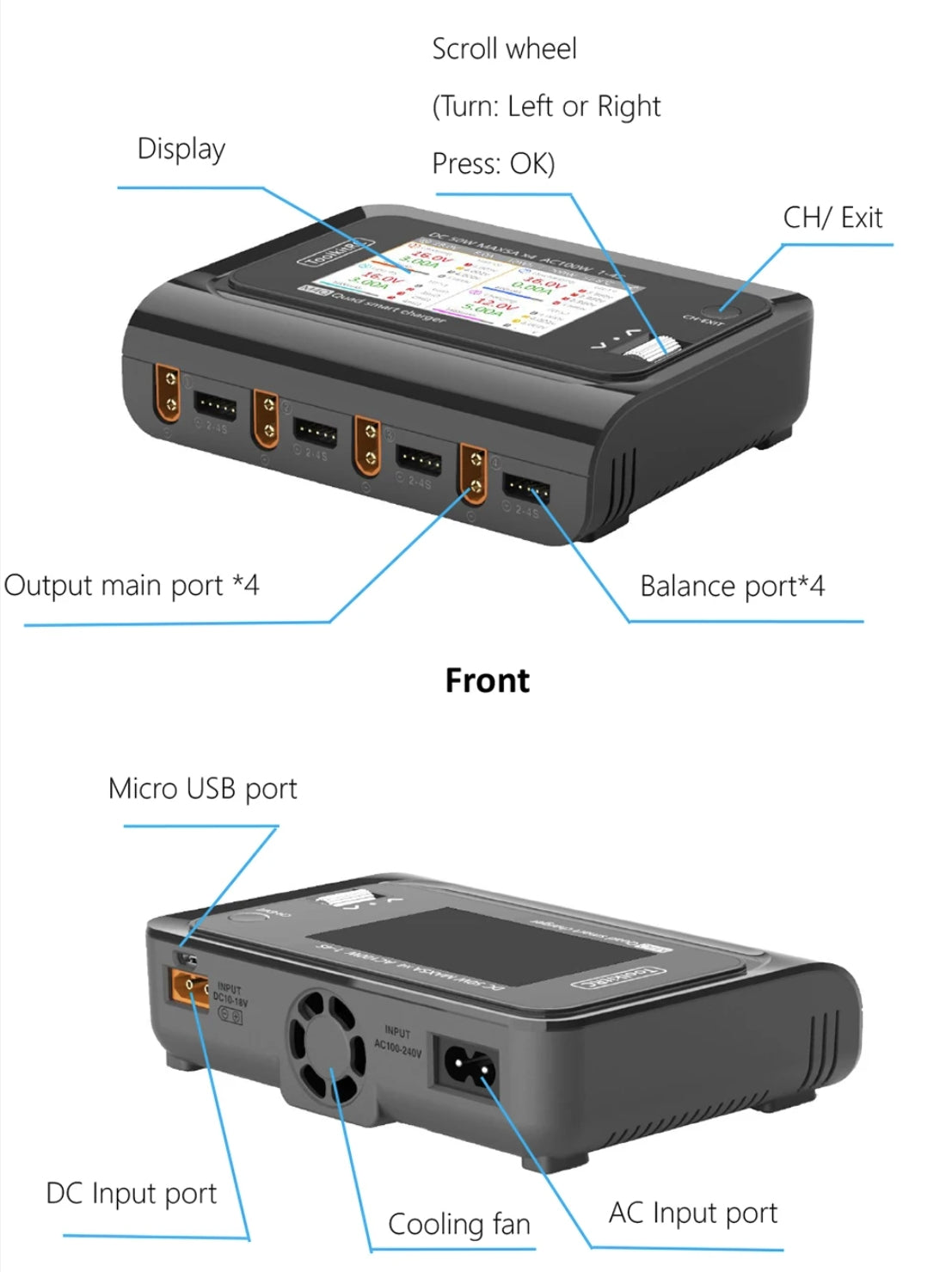 ToolkitRC M4Q Drone Charger, port*4 port port Ecie- Imput aciog-2*0v 