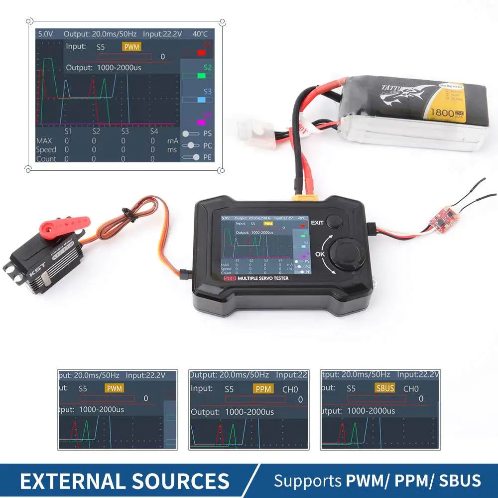 ToolkitRC ST8 - 8CH 100W 2A 7-28V PWM/PPM/SBUS جهاز اختبار سرعة بطانة الخطوة المؤازرة مع 4 طرق إشارة برنامج مستقلة لطائرة هليكوبتر بدون طيار 8 ToolkitRC ST8, 5.0v Output: 20 Oms/SOHz Input 22.2v 40'