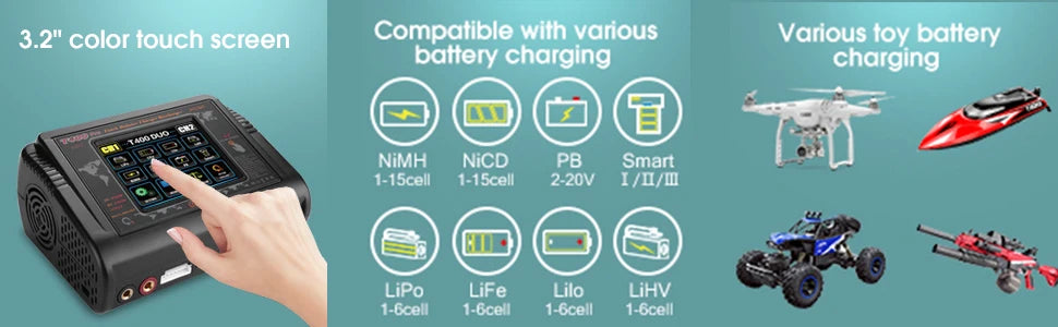 HTRC T400 Pro RC Lipo Charger, 3.2" color Iouch screen Compatible wilh vdlious 