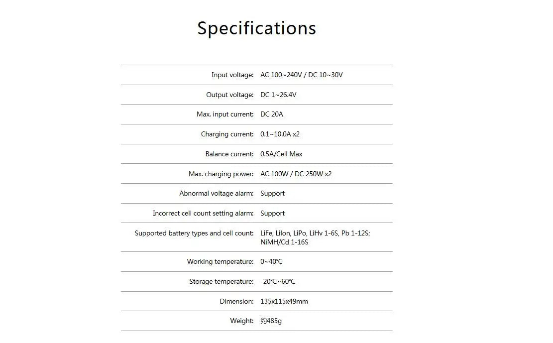 ISDT K1 Charger, Specifications Input voltage: AC 10O240V DC 1030V Output