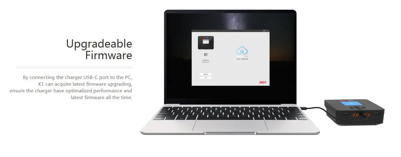 ISDT K1 Charger, Kl can acquire latest firmware upgrading by connecting the charger USB-C to the PC .