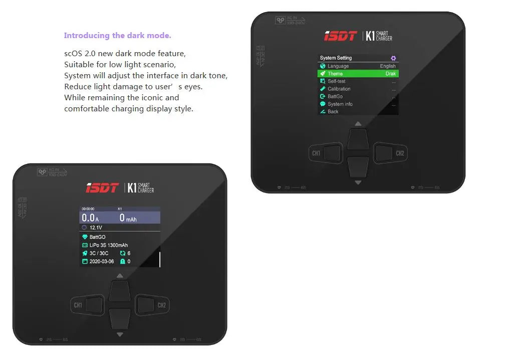 ISDT K1 Charger, Introducing the dark mode: 1367 KI SREer scOS 2.0 new