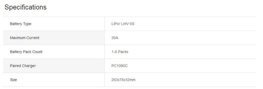 SKYRC G630 Charging Hub, Specifications LiPol LiHV 6S Maximum Current 30A Battery Pack Count 1-6
