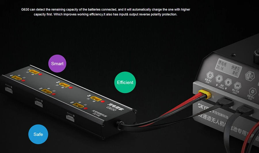 SKYRC G630 Charging Hub, G630 can detect tne remaining capacity of the batteries connected, and it will automatically