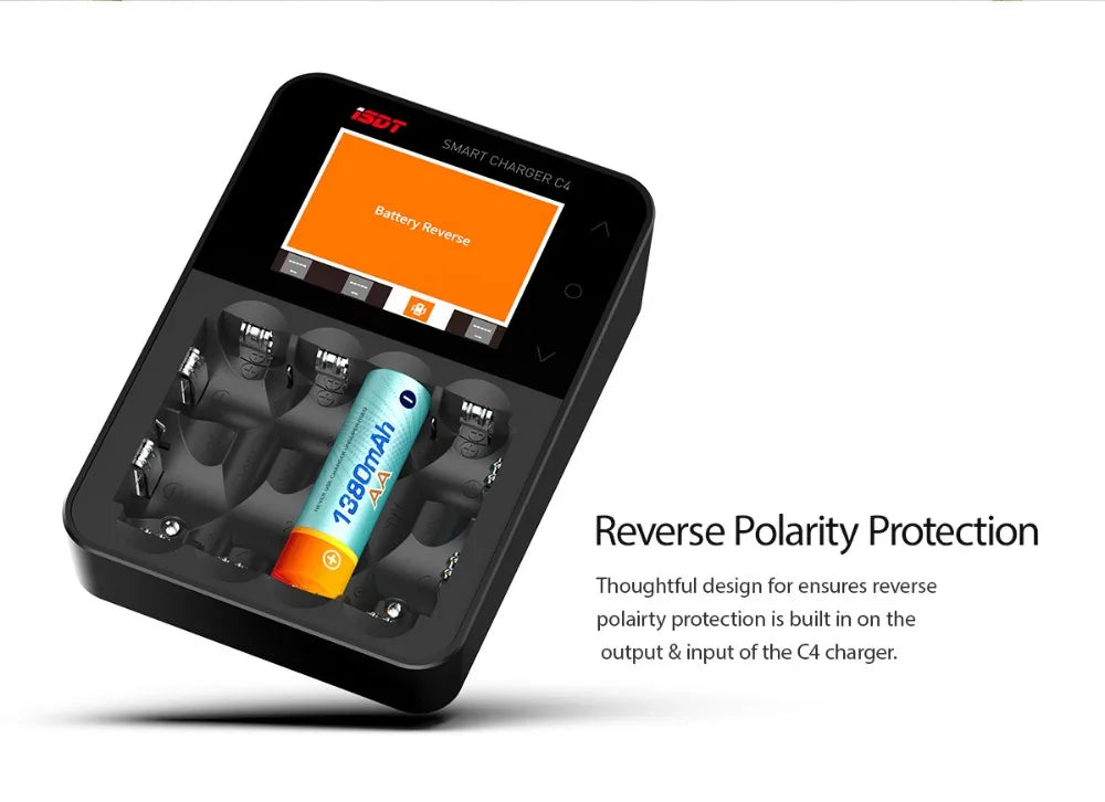 ISDT C4 EVO Smart Battery Charger, Reverse Polarity Protection is built in on the output & input of the C4 charger