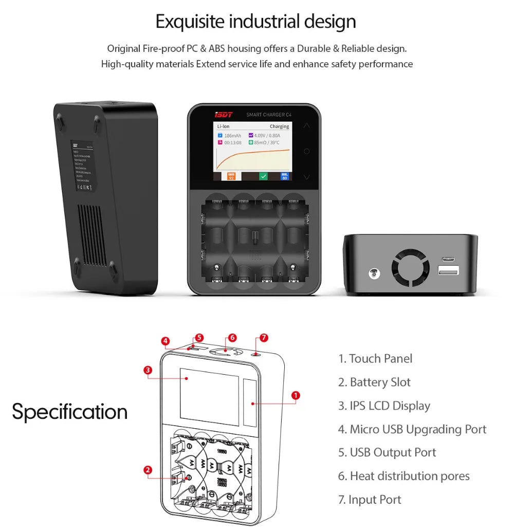 ISDT C4 EVO Smart Battery Charger, high-quality materials extend service life and enhance safety performance . micro USB upgrading port