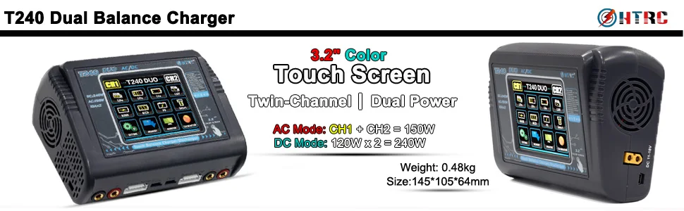 HTRC T400/T240/T150 Lipo Charger, T240 Dual Balance Charger OutRC 32" Color 41240 DuO Touch Scree
