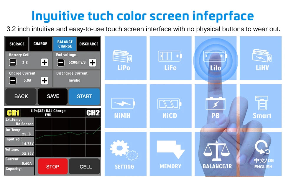 HTRC T240 Duo Lipo Charger, easy-to-use touch screen interface with no physical buttons to wear out: 3.2 inch