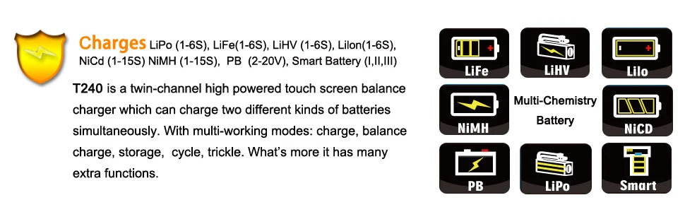 HTRC T240 Duo Lipo Charger, LiFe LiHV Lilo T240 is a twin-channel high powered