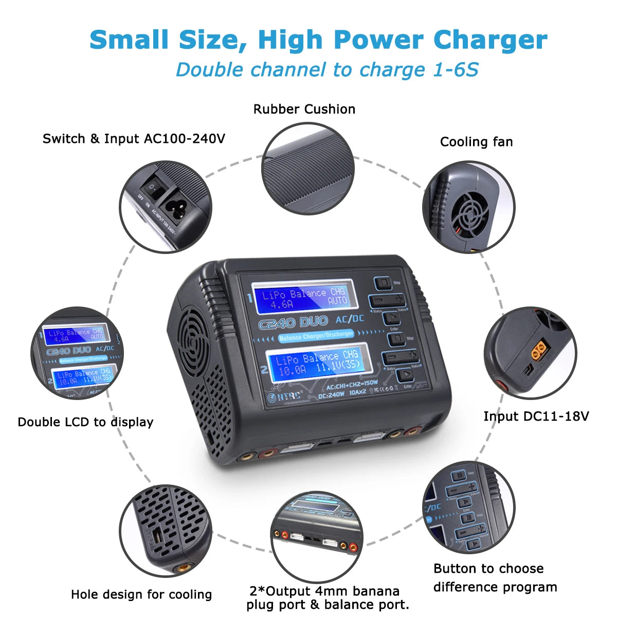 HTRC T240 Duo Lipo Charger, Double channel to charge 1-6S Rubber Cushion Switch & Input AC1O0-240