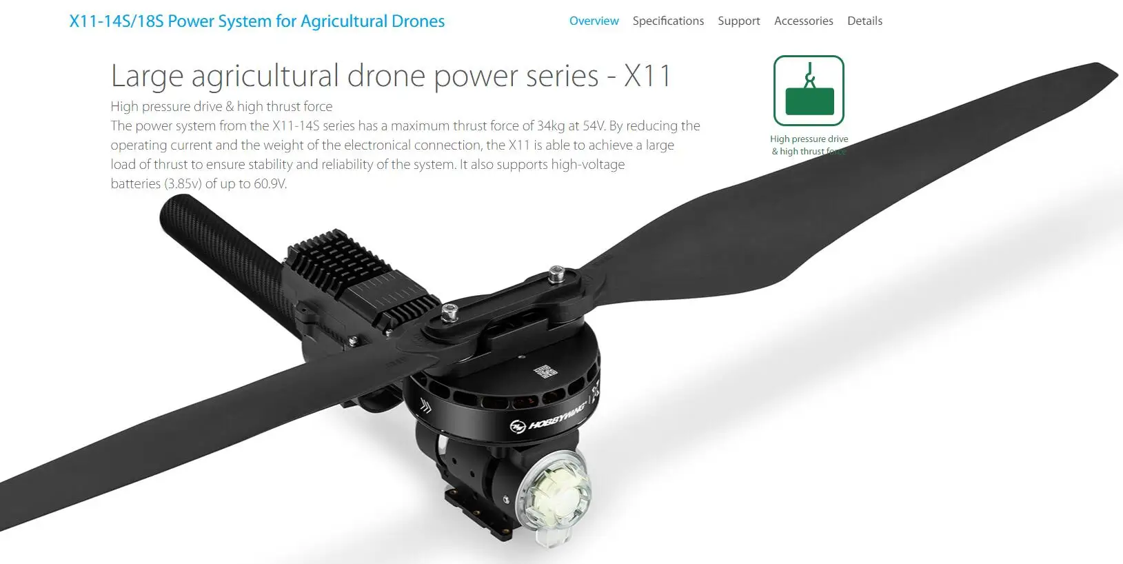 Hobbywing X11 Power system - Maximum Load 34kg for Multirotor Agriculture Spraying Drone Motor 7 Hobbywing X11 Power system, X11-145/18S power system has a maximum thrust force of 34kg at