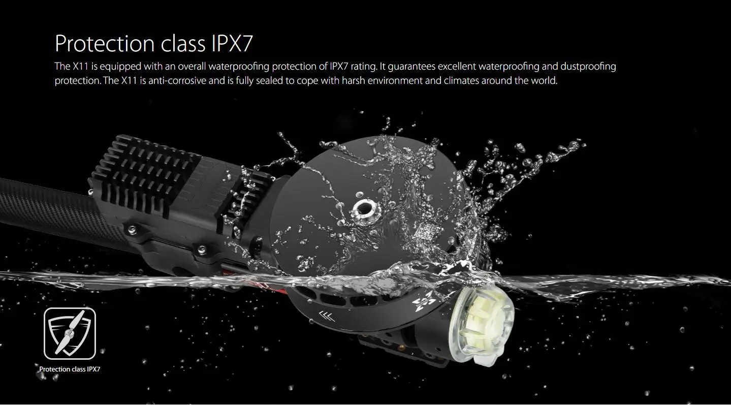 Hobbywing X11 Power system - Maximum Load 34kg for Multirotor Agriculture Spraying Drone Motor 8 Hobbywing X11 Power system, protection class IPXZ The X11 is anti-corrosive and is fully sealed