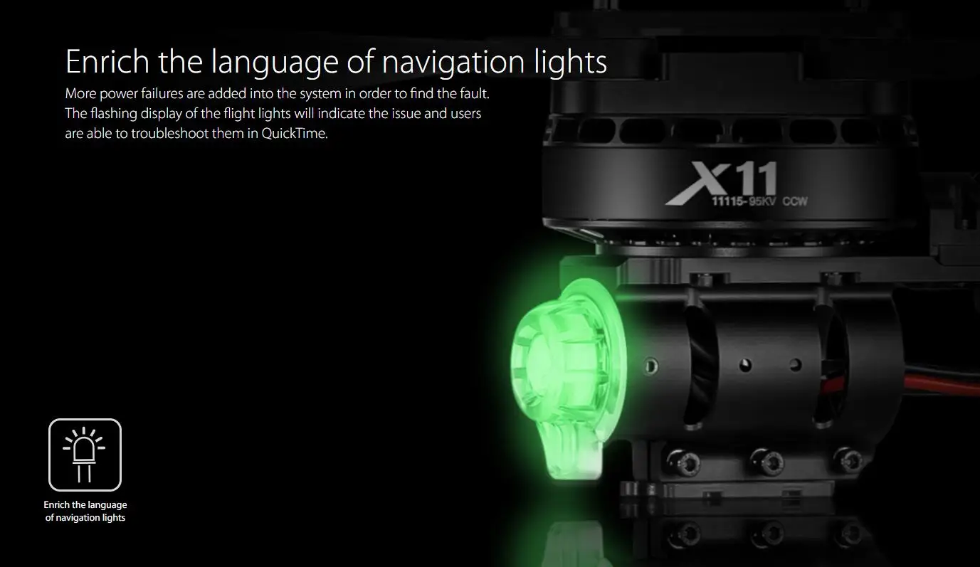 Hobbywing X11 Power system - Maximum Load 34kg for Multirotor Agriculture Spraying Drone Motor 10 Hobbywing X11 Power system, flashing display of flight lights will indicate the issue and users are able to troubleshoo