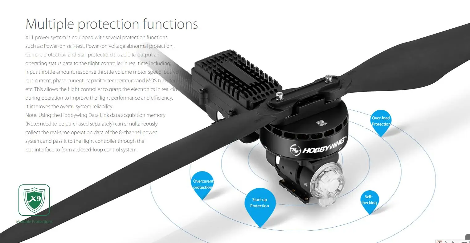 Hobbywing X11 Power system - Maximum Load 34kg for Multirotor Agriculture Spraying Drone Motor 13 Hobbywing X11 Power system, X1 power system is equipped with multiple protection functions . it can output an operating status
