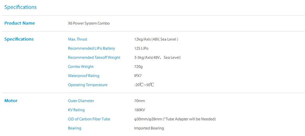 X6 Power System Combo Specifications Max Tnrust 12kg/Axis