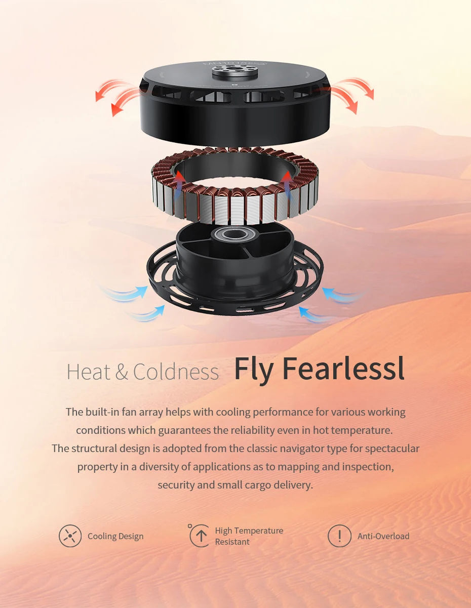 محرك T-MOTOR MN1018 KV72 بدون فرش - أقصى قوة دفع 30 كجم رفع ثقيل من جميع الجوانب، يمكن أن يطير بدون خوف مناسب للطائرات بدون طيار الزراعية 12 T-MOTOR, built-in fan array helps with cooling performance for various working conditions . structural design adopted from