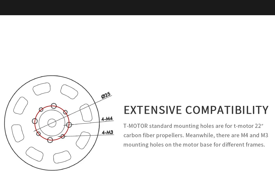 T-MOTOR, standard mounting holes are for t-motor 22" LM3 carbon fiber propellers