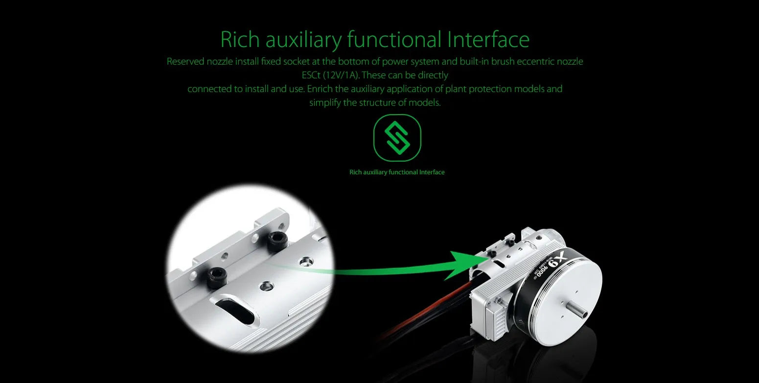 Original Hobbywing X9 14S FOC Integrated Motor Power System With 34inch 3411 Propeller for 40mm Agriculture Drones 25 Original Hobbywing X9 14S FOC Integrated Motor, Rich auxiliary functional Interface Reserved nozzle install fixed socket at the bottom of power system and