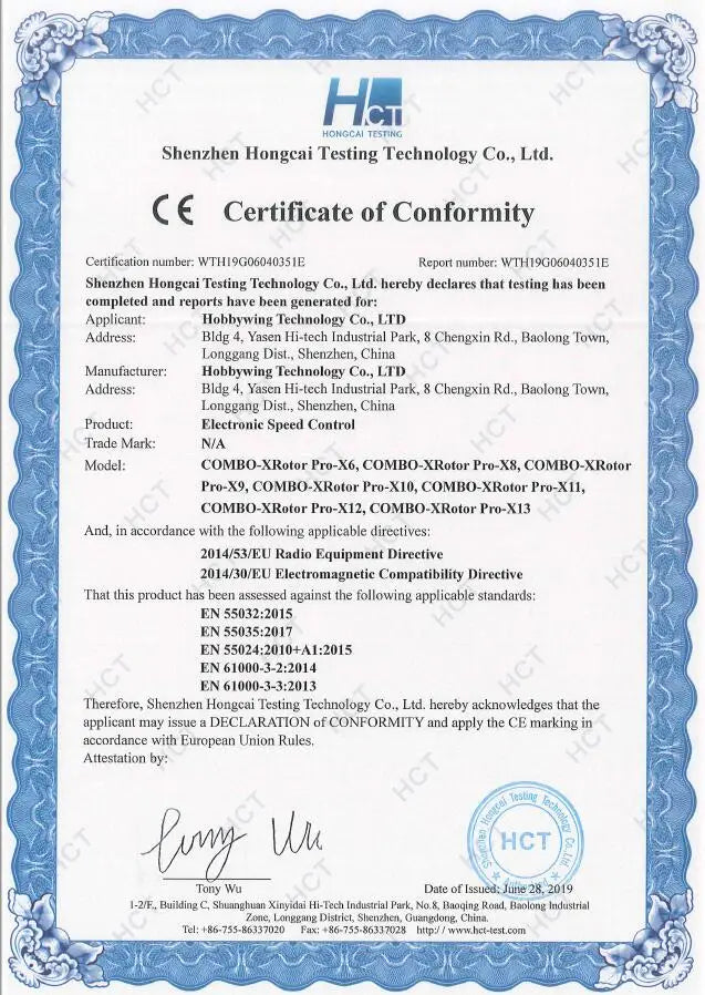Original Hobbywing X9 14S FOC Integrated Motor Power System With 34inch 3411 Propeller for 40mm Agriculture Drones 28 Original Hobbywing X9 14S FOC Integrated Motor, shenzhen Hongcai Testing Technology Co, Ltd. certifies that hn