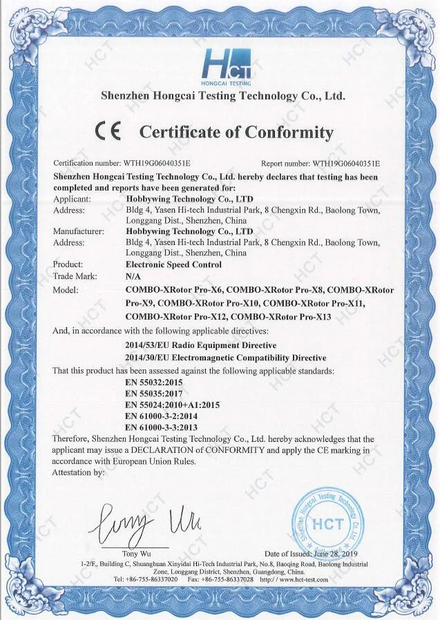 Original Hobbywing X9 14S FOC Integrated Motor Power System With 34inch 3411 Propeller for 40mm Agriculture Drones 29 Original Hobbywing X9 14S FOC Integrated Motor, the applicant may issue DECLARATION of CONFORMITY and apply the CE marking accordance