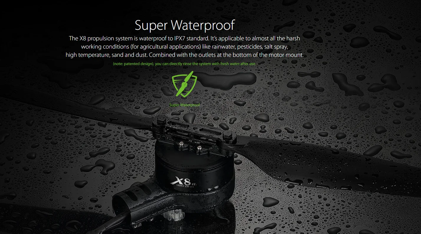 Hobbywing X8 Integrated Style Power System, the X8 propulsion system is waterproof to IPXZ standard Its applicable to almost