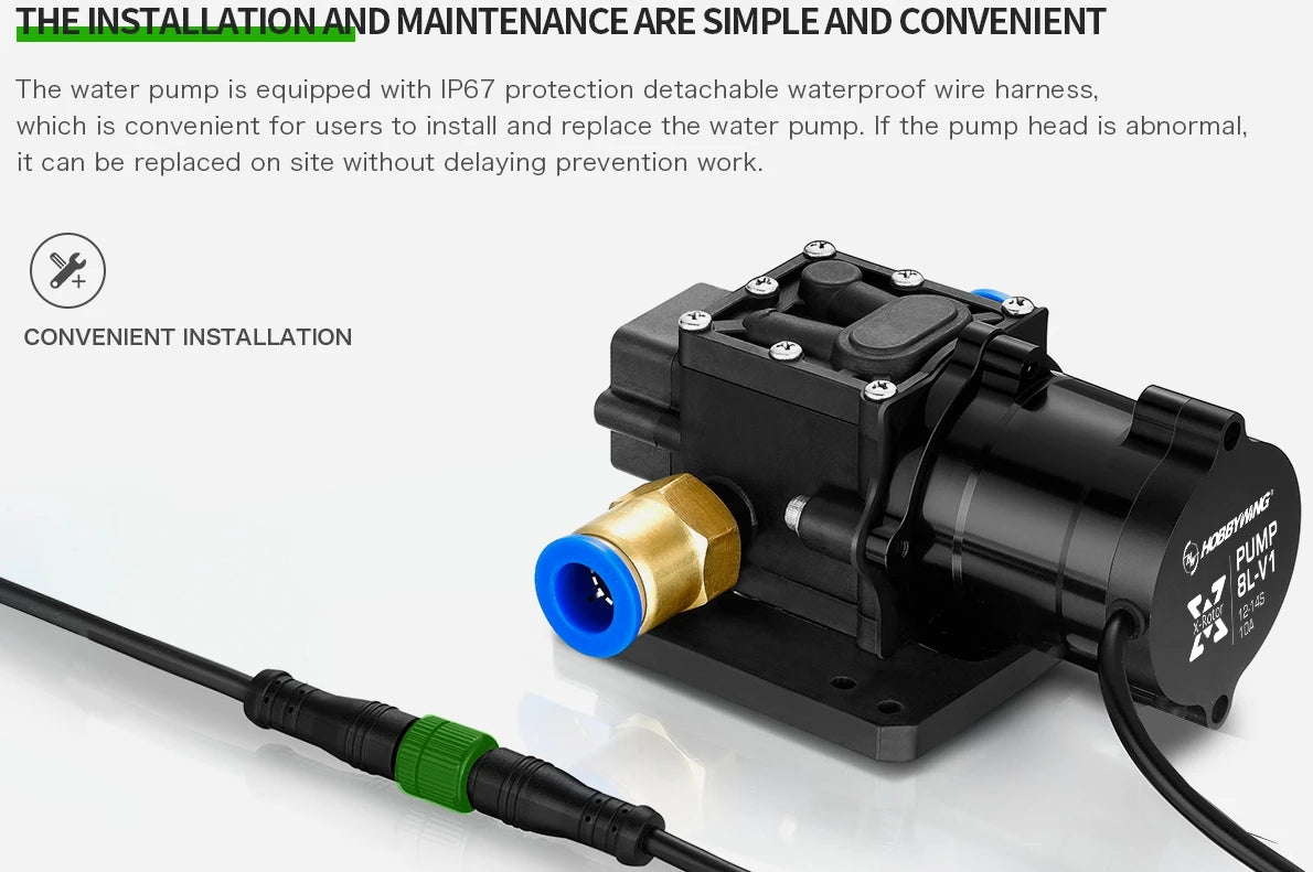 Hobbywing Combo Pump 5L 8L Brushless Water Pump, the water pump is equipped with IP67 protection detachable waterproof wire harness . 
