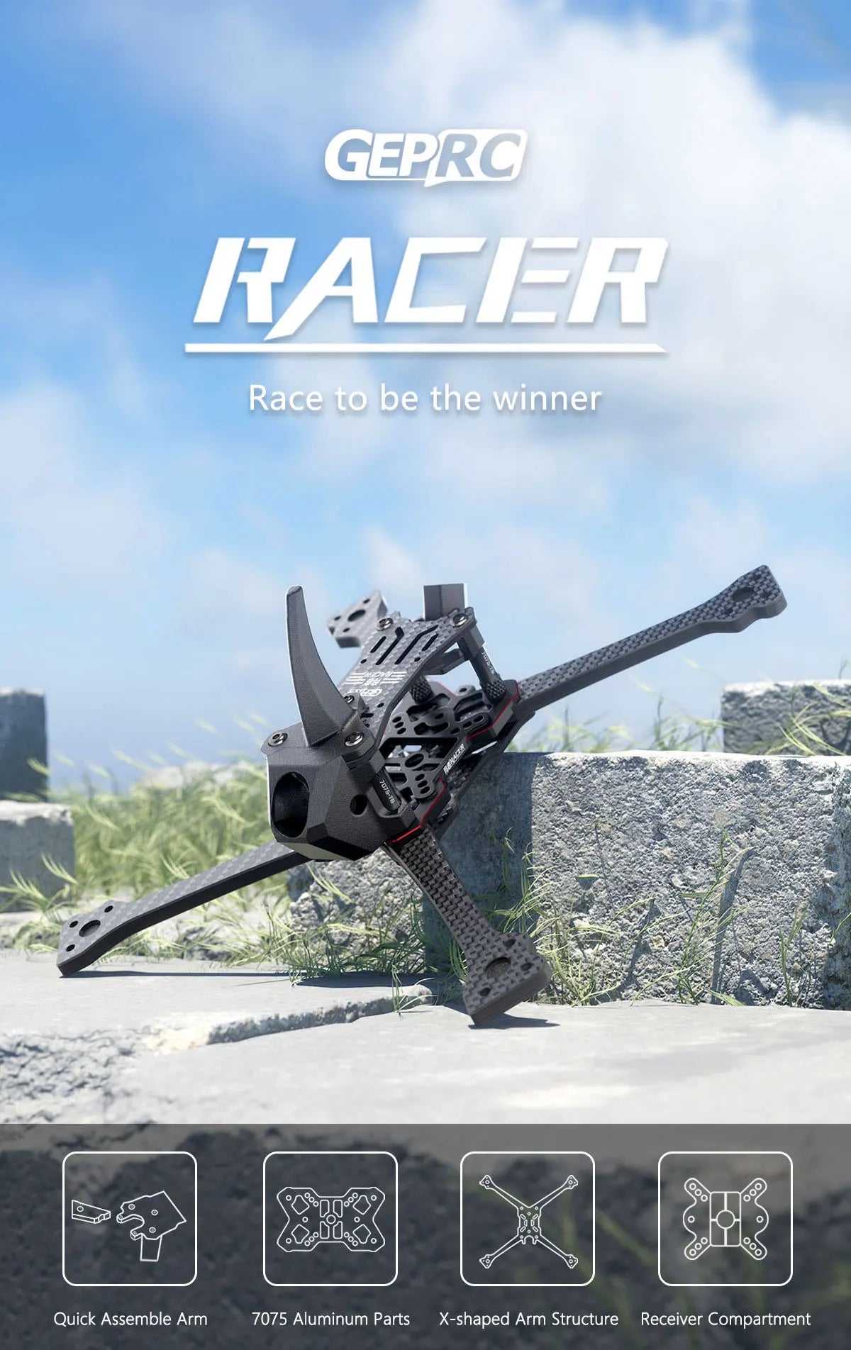 GEPRC Racer Frame Parts, Quick Assemble Arm 7075 Aluminum Parts X-shaped Arm Structure Receiver