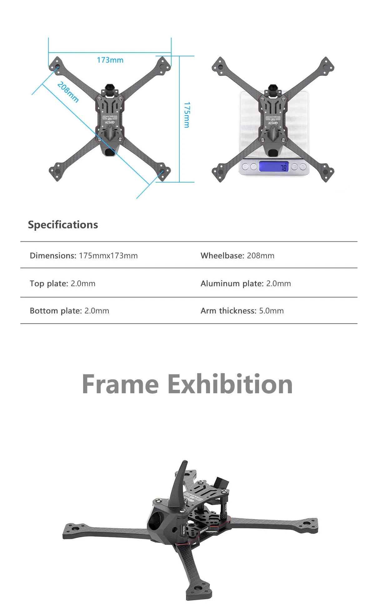 GEPRC Racer Frame Parts, Specifications Dimensions: 175mmx173mm Wheelbase: 208mm plate