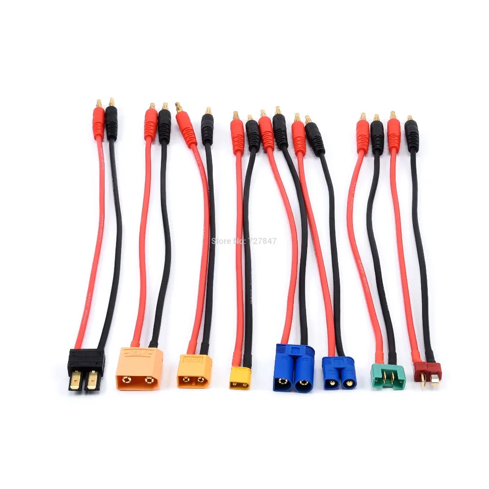 كابل شحن الطائرة بدون طيار FPV - 20 سم EC3 EC5 XT30 XT60 XT90 MPX TRX T Plug Charge يؤدي إلى 4.0 مم كابل شحن مقابس الموز سلك السيليكون 14AWG لبطارية ليبو 19