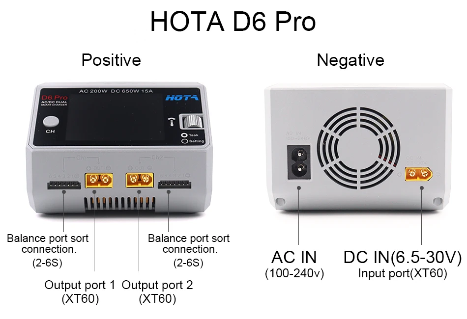 شاحن بطارية HOTA D6 Duo Pro لهاتف iPhone Samsung مع شحن الهاتف المحمول اللاسلكي، يدعم مدخل التيار المتردد 200 وات/تيار مستمر 650 وات لـ Lipo LiIon NiMH 12 HOTA D6 Duo Pro Battery, AC IN DC IN(6.5-30V) (100-240v) (XT6