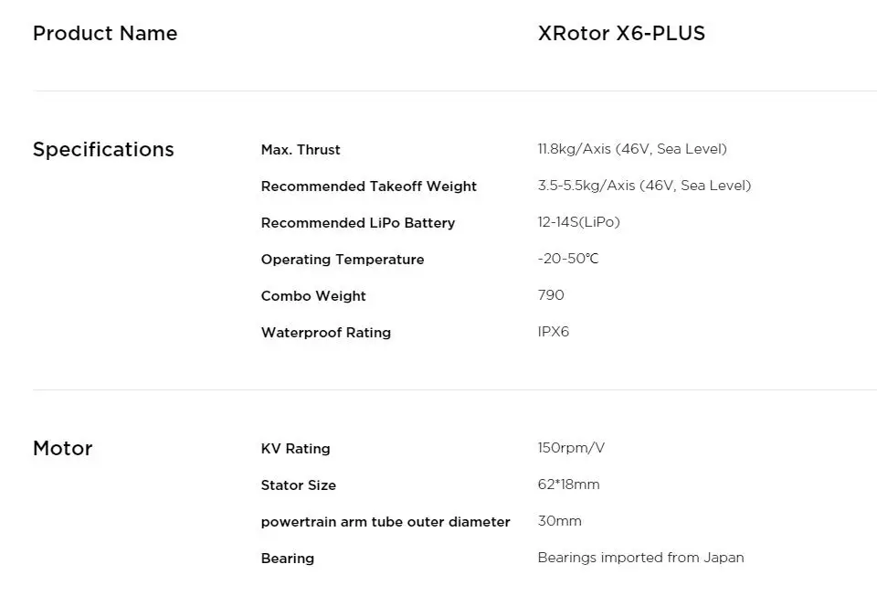 Hobbywing X6 plus Motor, xrotor x6-plus features thrust il.