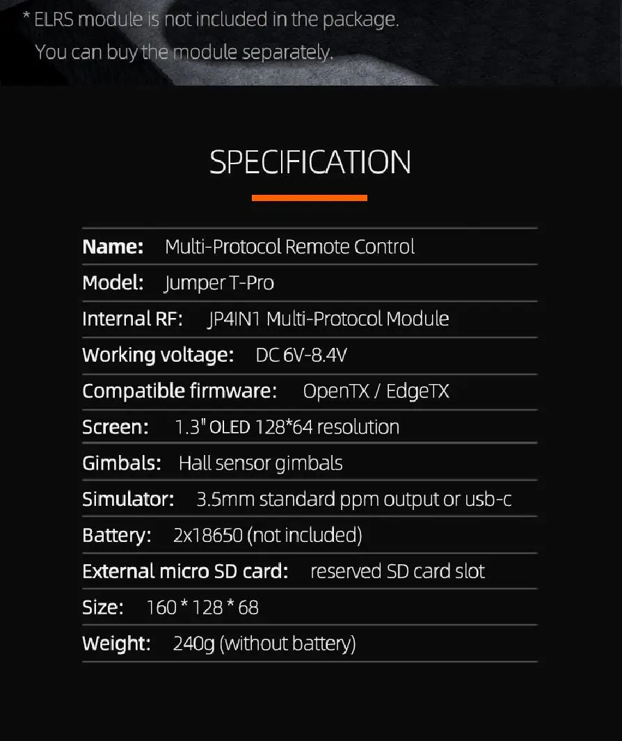 ELRS module is not included in the package You can buy the module separately .
