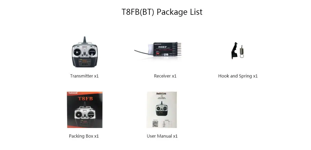 Radiolink T8FB, Package List Acaai FREF Transmitter xl Receiver x