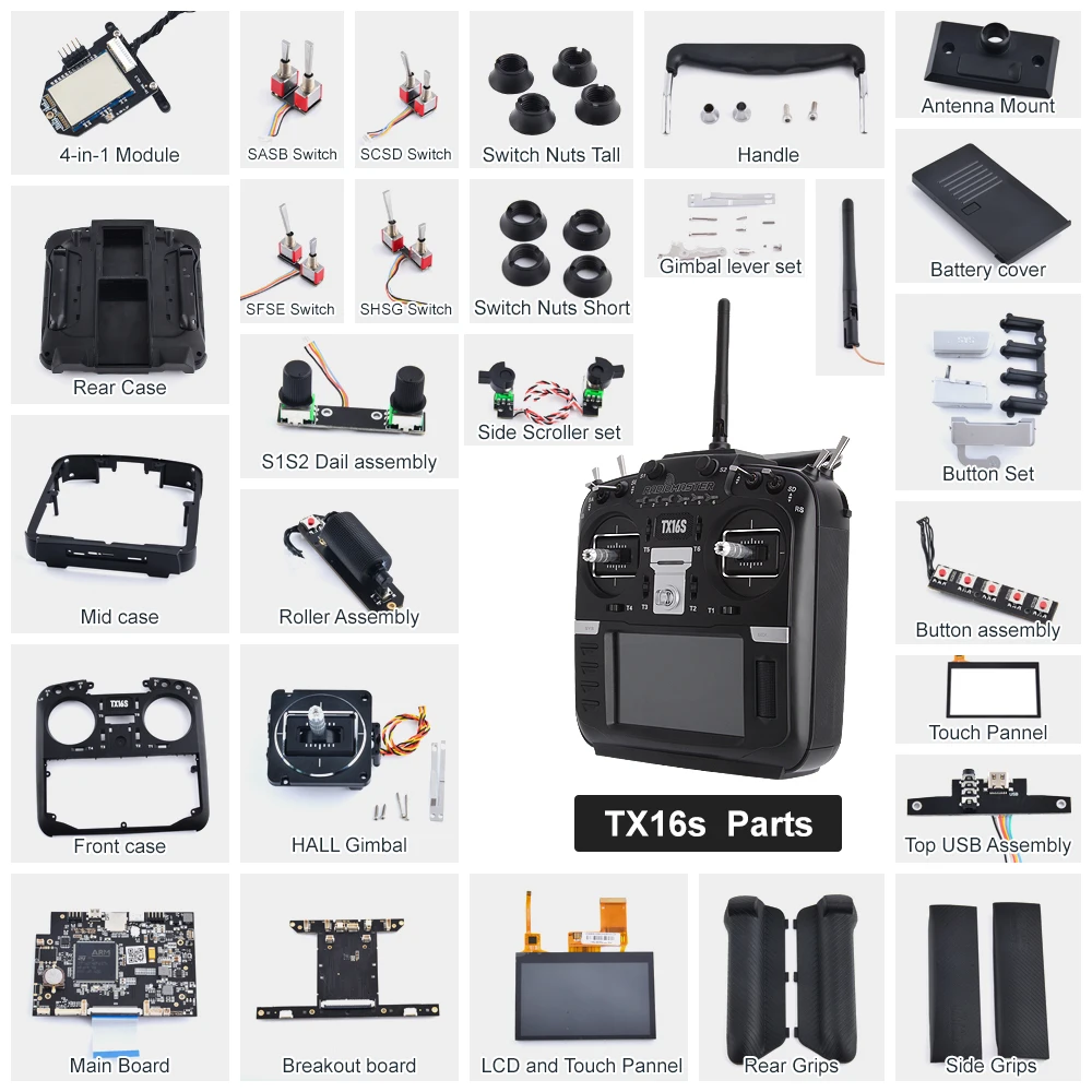 Original RadioMaster TX16S Parts Fit For Replacement TX16S Hall TBS Sensor Gimbals 2.4G 12CH Radio Transmitter 45 HALL Gimbal Top USB Assembly Main Board Breakout board LCD and Touch Pannel