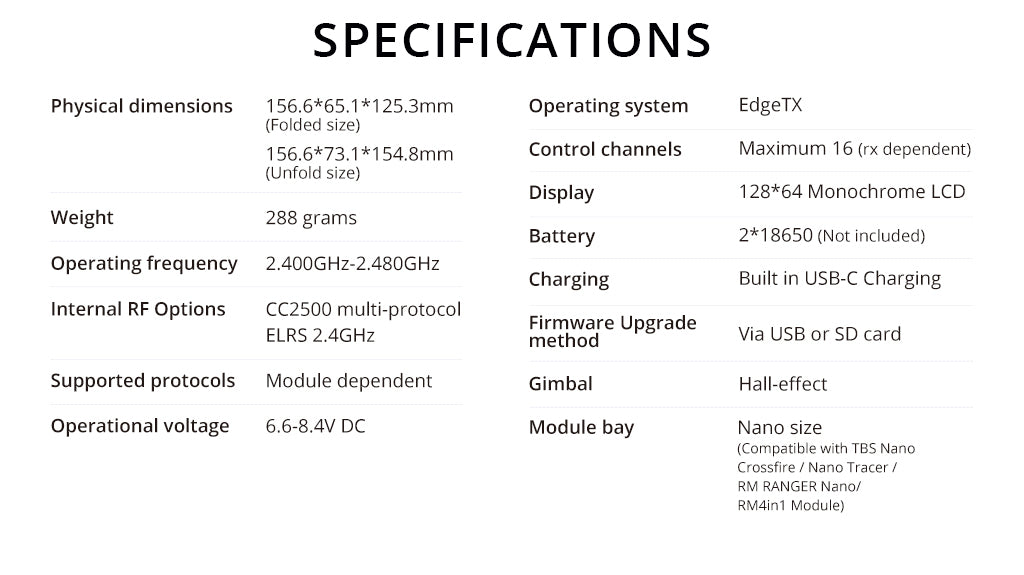وحدة تحكم راديو الجيب RadioMaster (M2) - 16 قناة 2.4 جيجا هرتز نظام ExpressLRS MPM CC2500 EdgeTX 24 RadioMaster Pocket Radio Controller (M2), SPECIFICATIONS Physical dimensions 156.6*65.1*125.3mm Operating system