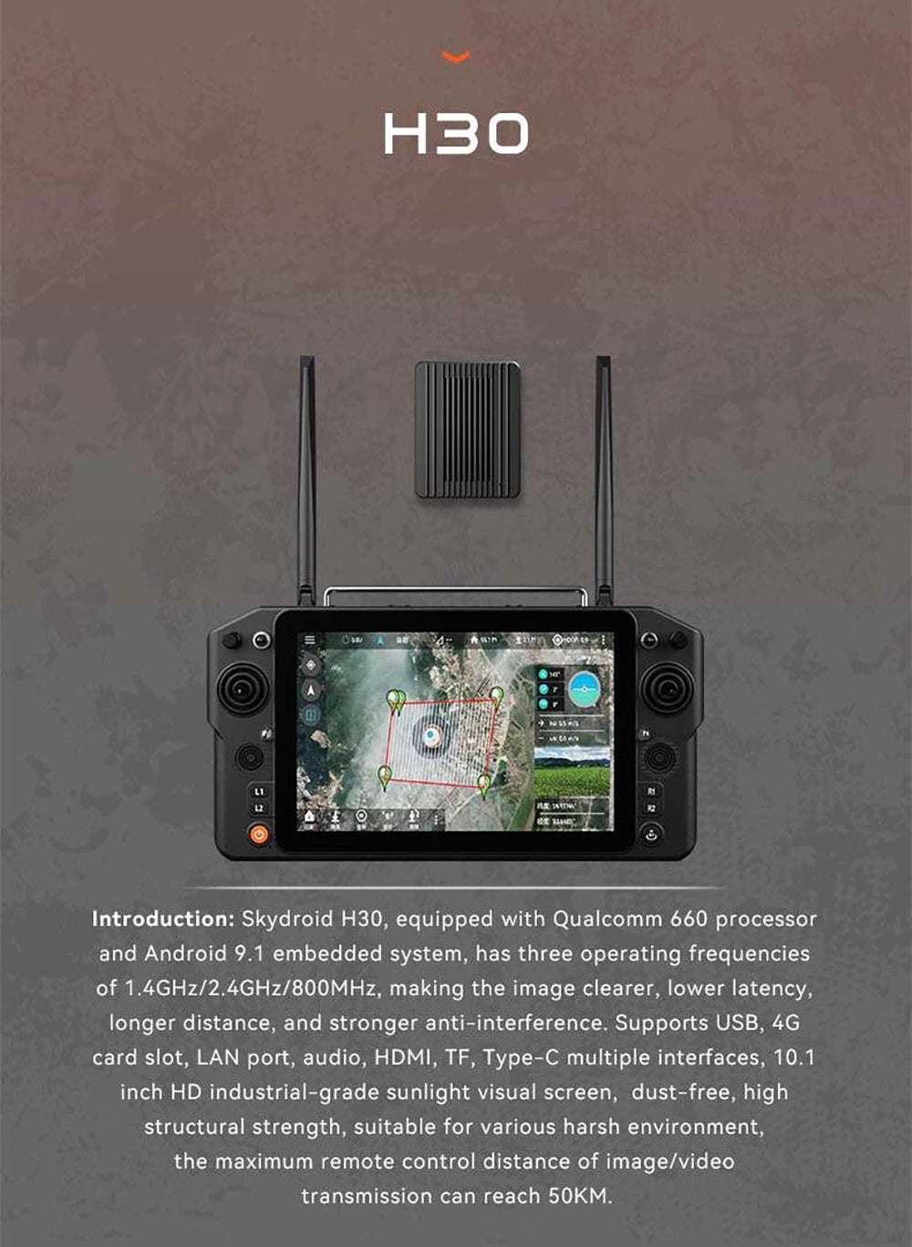 وحدة تحكم عن بعد Skydroid H30 مع شاشة لمس 10.1 بوصة - 800 ميجا هرتز 1.4 جيجا هرتز 2.4 جيجا هرتز وحدة تحكم عن بعد راديو طويلة المدى لطائرة UAV VTOL Agri Drone 4
