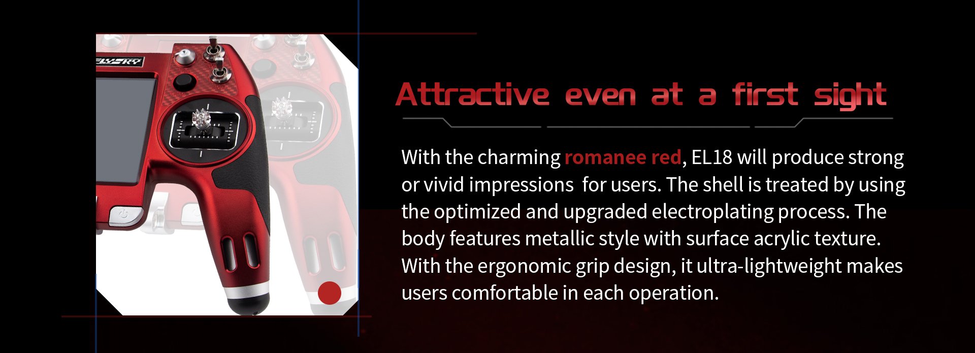 FLYSKY Elysium EL18 Transmitter, EL18 will produce strong orvivid impressions for users . shell is treated by