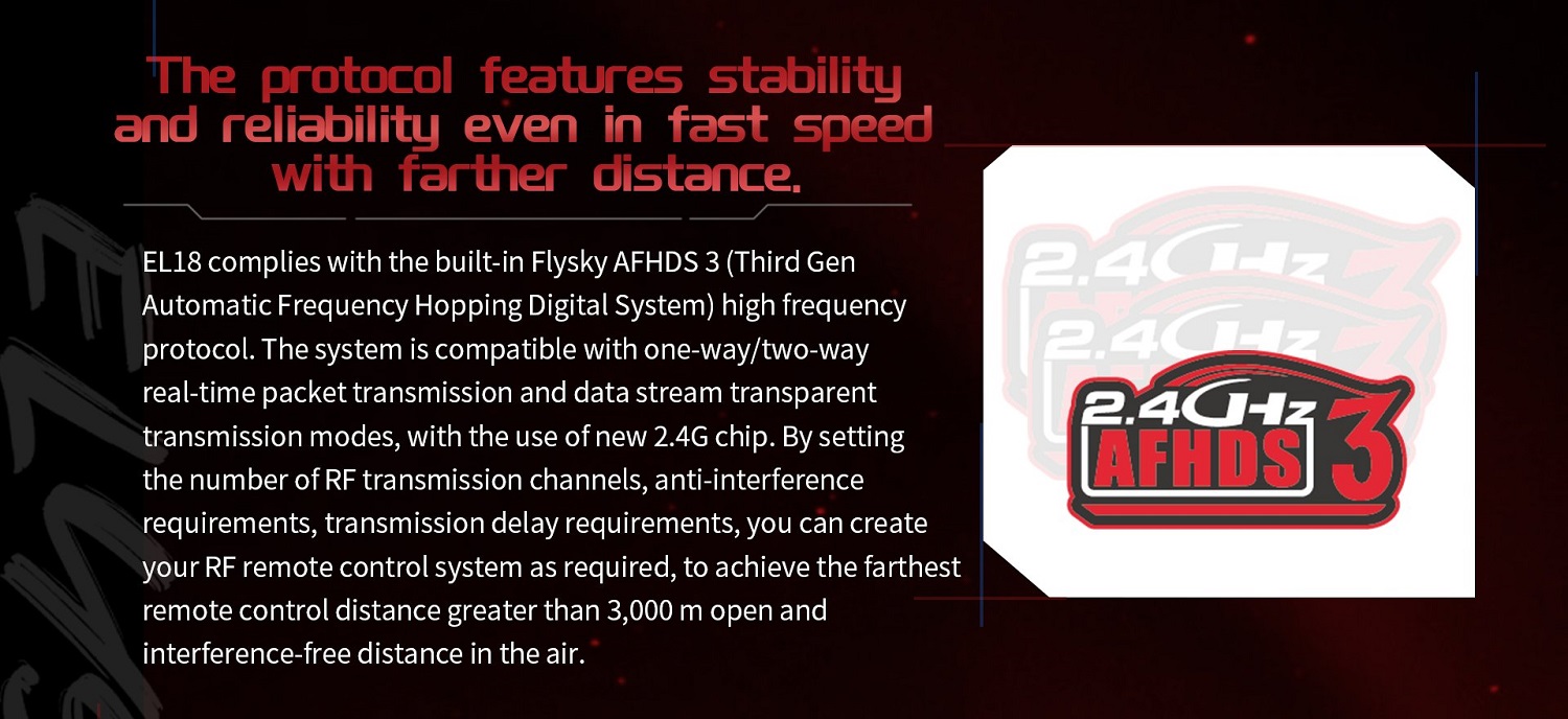 FLYSKY Elysium EL18 Transmitter, EL18 complies with the built-in Flysky AFHDS 3 